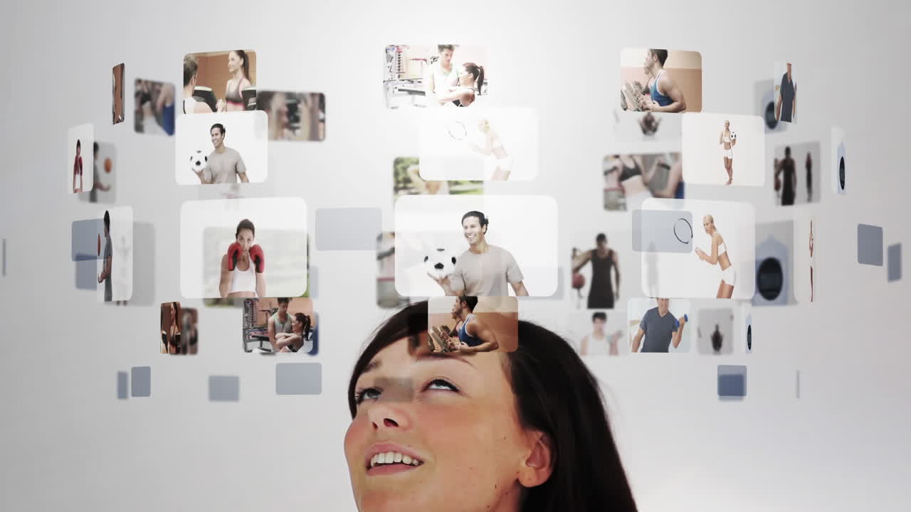 많은 피트니스 비디오에 놀란 여자