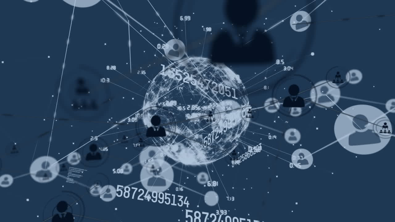 디지털 아이콘과 숫자가 바뀌는 글로브로 연결된 네트워크의 애니메이션