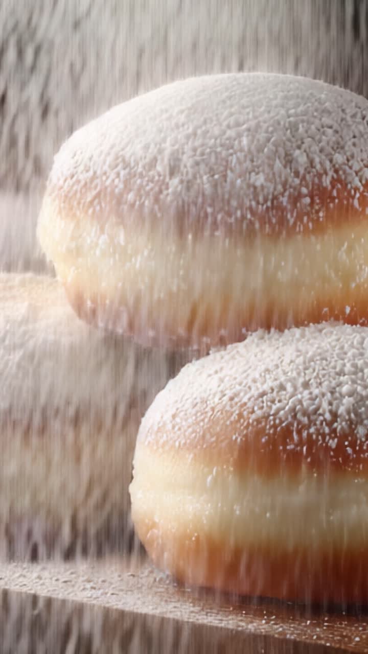 Entzückende Nahaufnahme von fluffigen Donuts, mit Puderzucker bestäubt, die ihre weiche Textur und köstliche Cremefüllung zeigen, perfekt für jeden Liebhaber süßer Speisen.