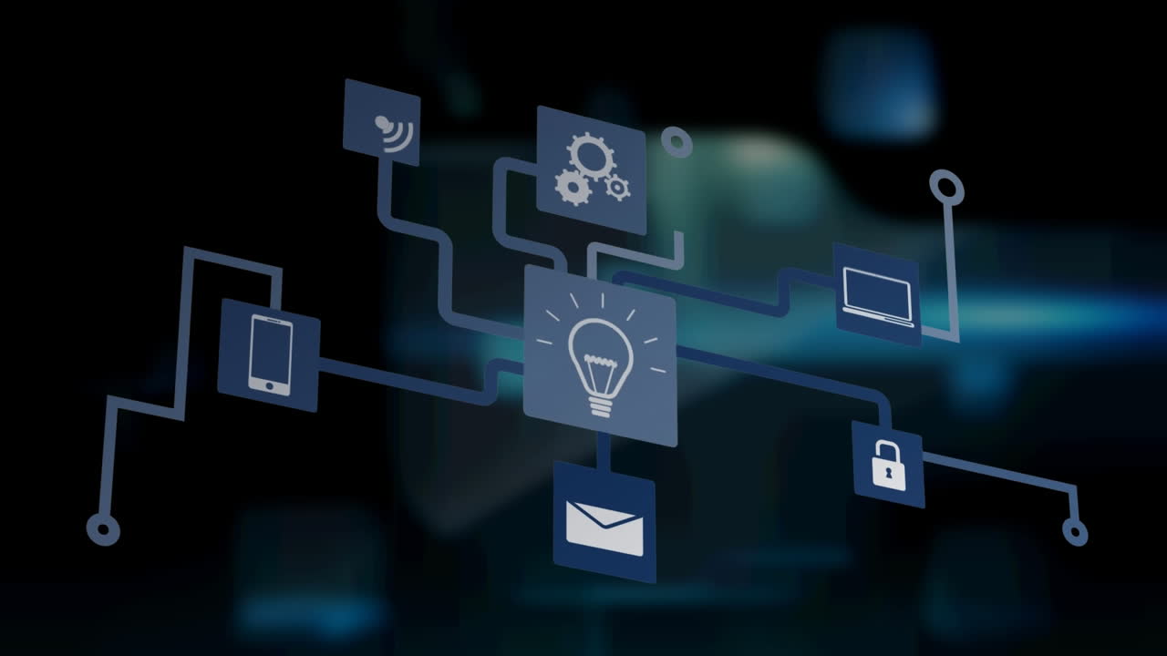 Animation of network of connections with icons over digital screens