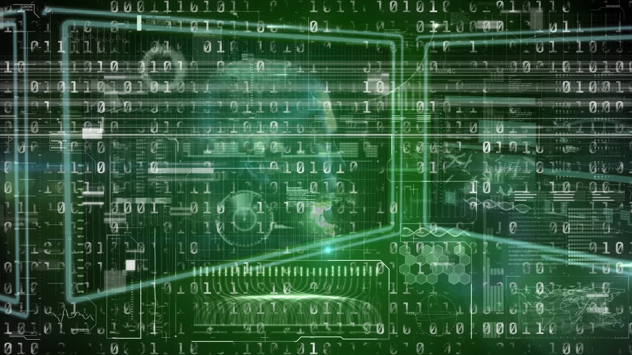 Animation of data processing over screens on dark background