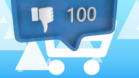 dislike icon with increasing numbers on blue speech bubble over triangle shapes on blue background