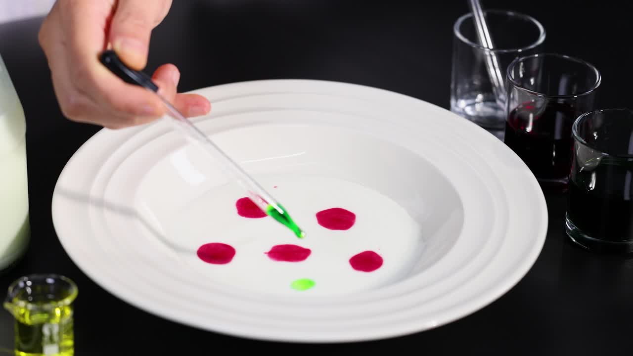 방울을 사용하여 우유의 색상 반응을 탐구합니다.