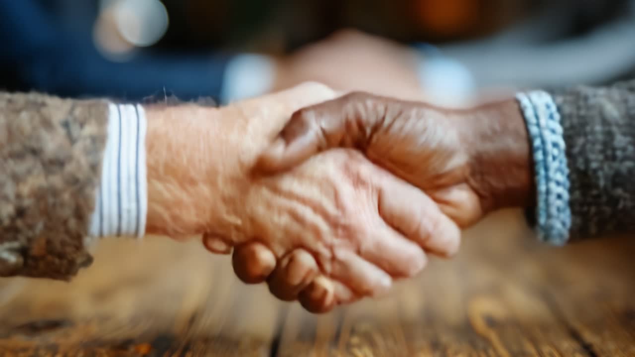 A Powerful Gesture of Unity: Two Hands Engaged in a Firm Handshake Symbolizing Trust, Cooperation, and Collaboration Between Different Cultures and Backgrounds
