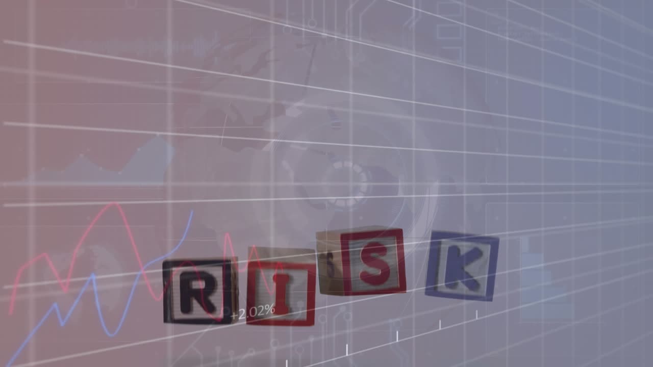 Birden fazla grafik, ızgara deseni, daire ve küre üzerinde "risk" yazılı ahşap blokların animasyonu.
