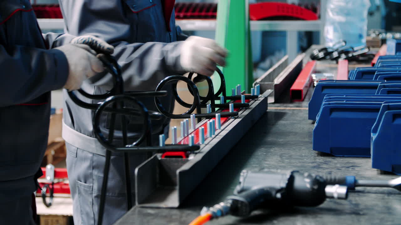 trabajadores que fijan piezas metálicas en unidades en talleres de ensamblaje manual