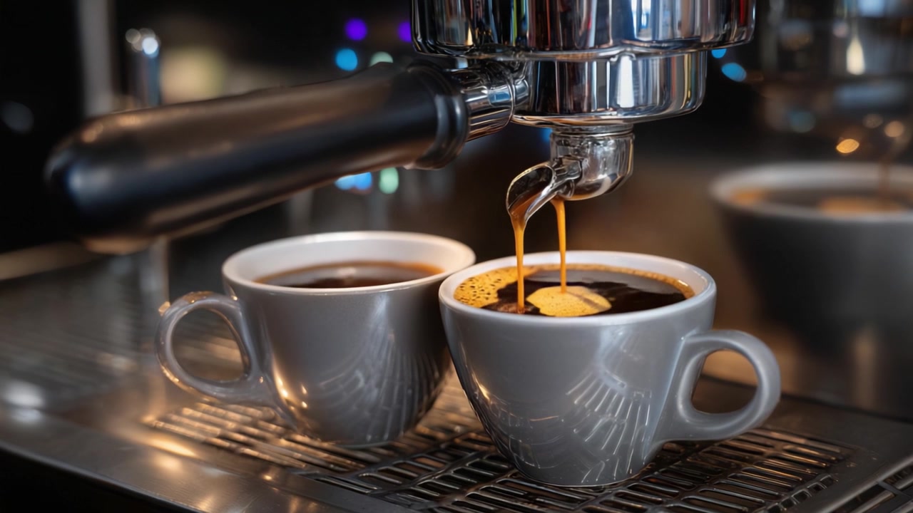 Friskbrygget espresso flyder ned i kopper fra en kaffemaskine, der fanger kunsten af barista-færdigheder og aromaen af en rig aromatisk kaffeoplevelse