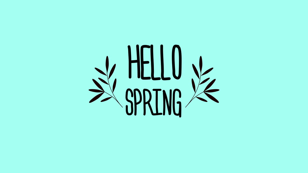 Hello Spring with leaves on blue gradient