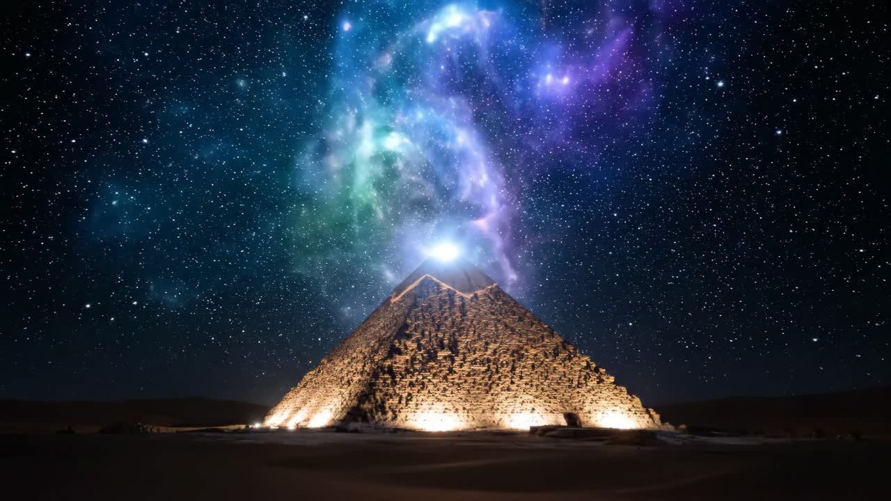 Egyptian Pyramid under Starry Night Sky with Nebula