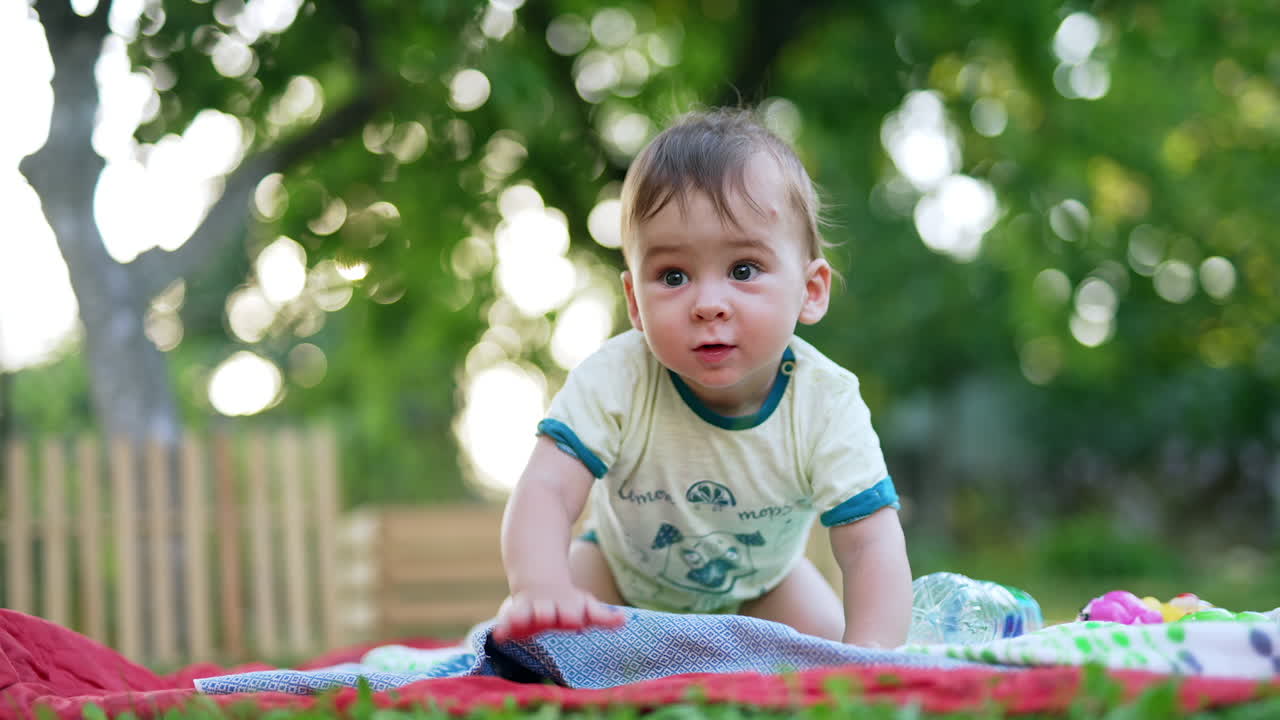 Happy healthy baby boy crawling by the ground outside. Lovely kid clapping hand by the floor cheerfully. Blurred background.