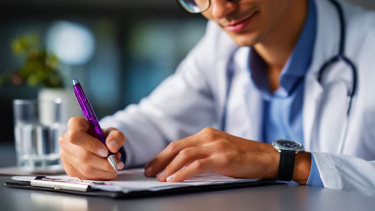A focused individual wearing a white lab coat diligently writes notes or medical information while holding a purple pen, showcasing a blend of professionalism and attention to detail in a clinical setting