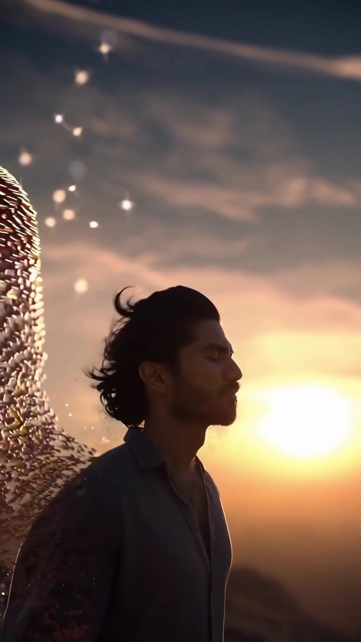 Uomo che medita con ali eteree al tramonto
