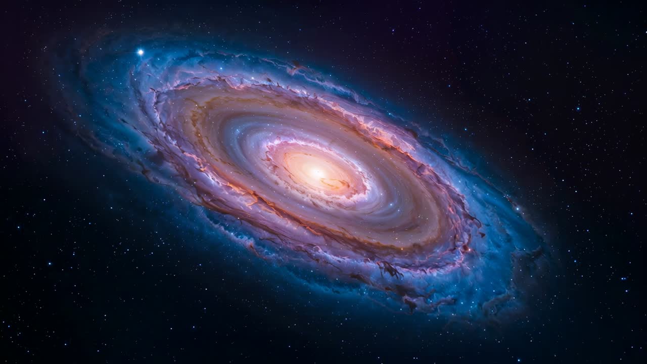 Avvicinando e abbassando la camera, una galassia a spirale rotante rivela anelli interni e nucleo luminoso