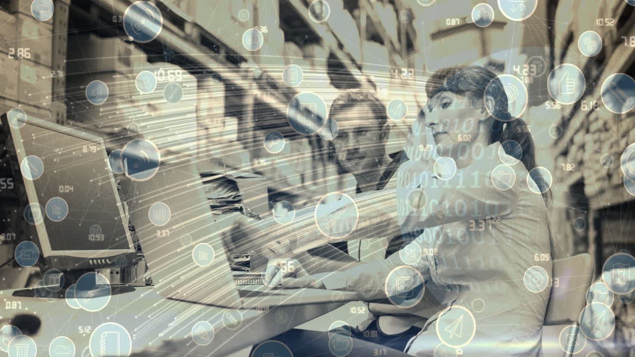 컴퓨터를 사용하여 커플을 통해 디지털 아이콘으로 연결 네트워크의 애니메이션