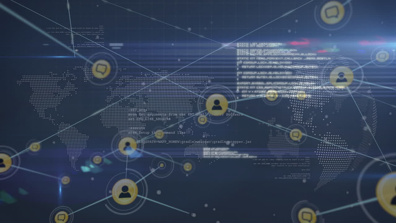 Network of connections and data processing animation over world map background