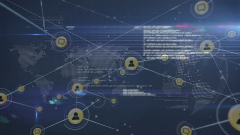 network of connections and data processing animation over world map background