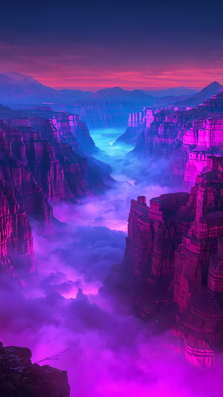 Vertical video: Intensifying cyan glow pulling luminous fog downstream in deep canyon at twilight