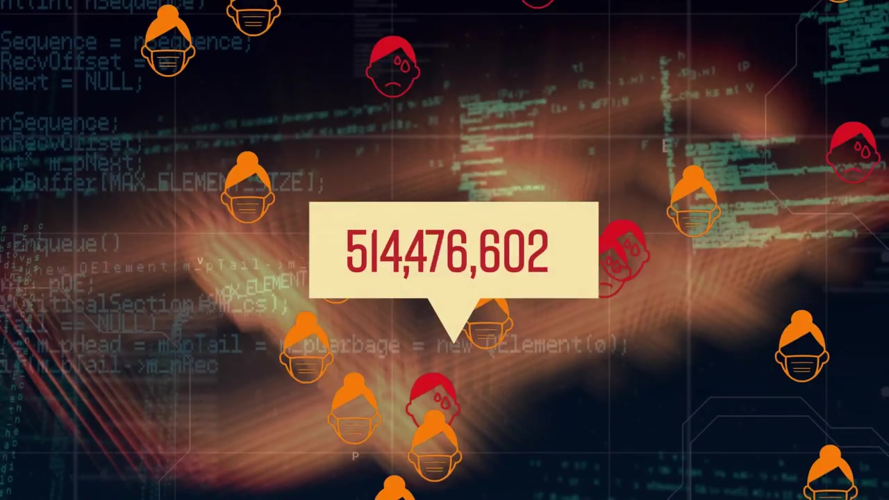 Animation of growing number and icons over data processing on black background