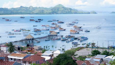 panoramic view of popular tourism destination of labuan bajo town, marina, wharf and moored boats awaiting komodo national park tours on flores island, indonesia