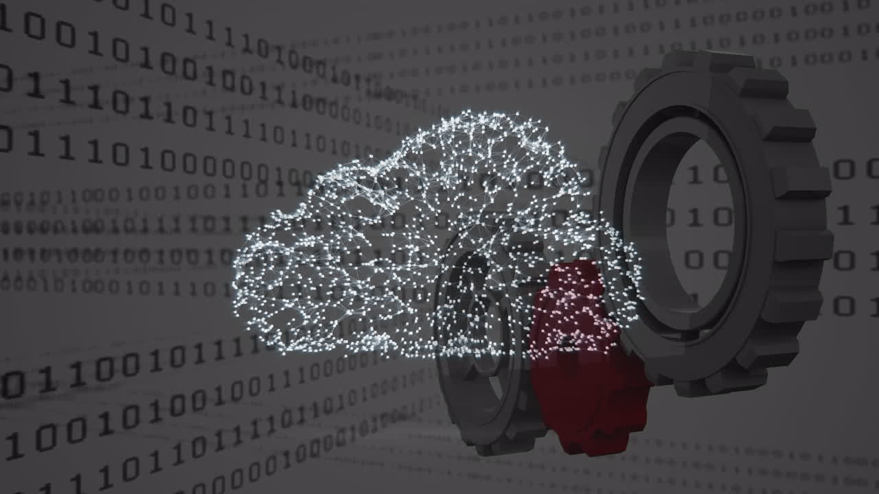 animación de nube sobre engranajes y código binario en fondo gris