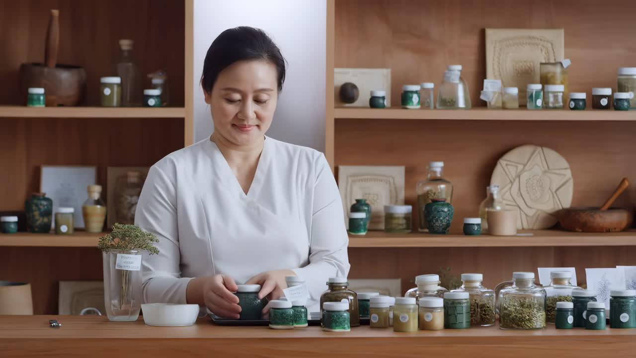 Herbalist Preparing Products in a Natural Remedies Shop