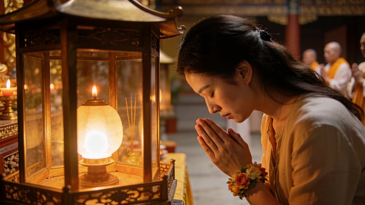 Reacting to lit lantern, woman pressing palms bowing at temple altar wearing beige blouse, corsage