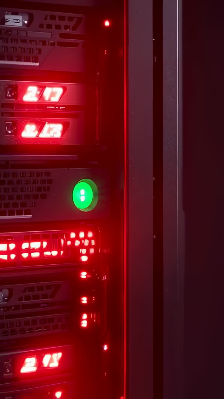 Vertikales Video: Eine geneigte Kamera zeigt Rackserver, die rote LEDs im Schrank mit grünen LEDs pulsieren lassen