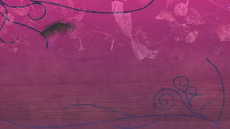 animación de decoración navideña y mariposa sobre fondo rosa