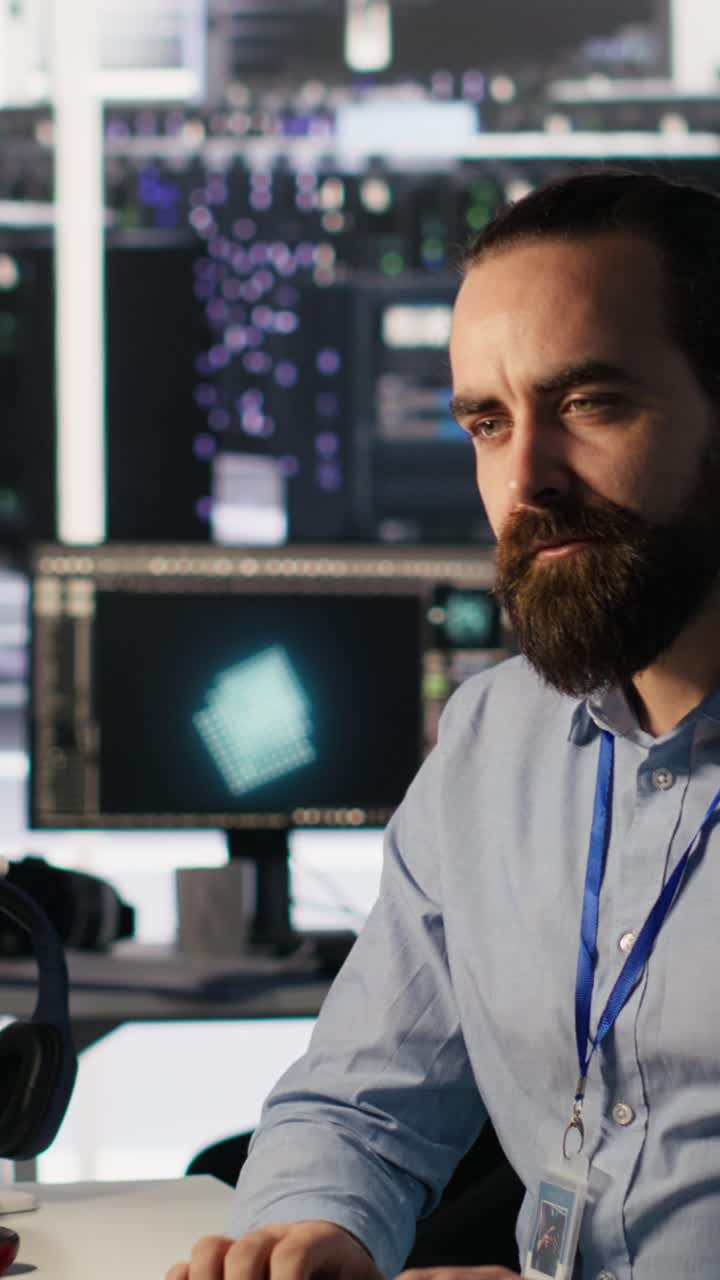 Vertical video Data center technician discussing with coworker in workspace