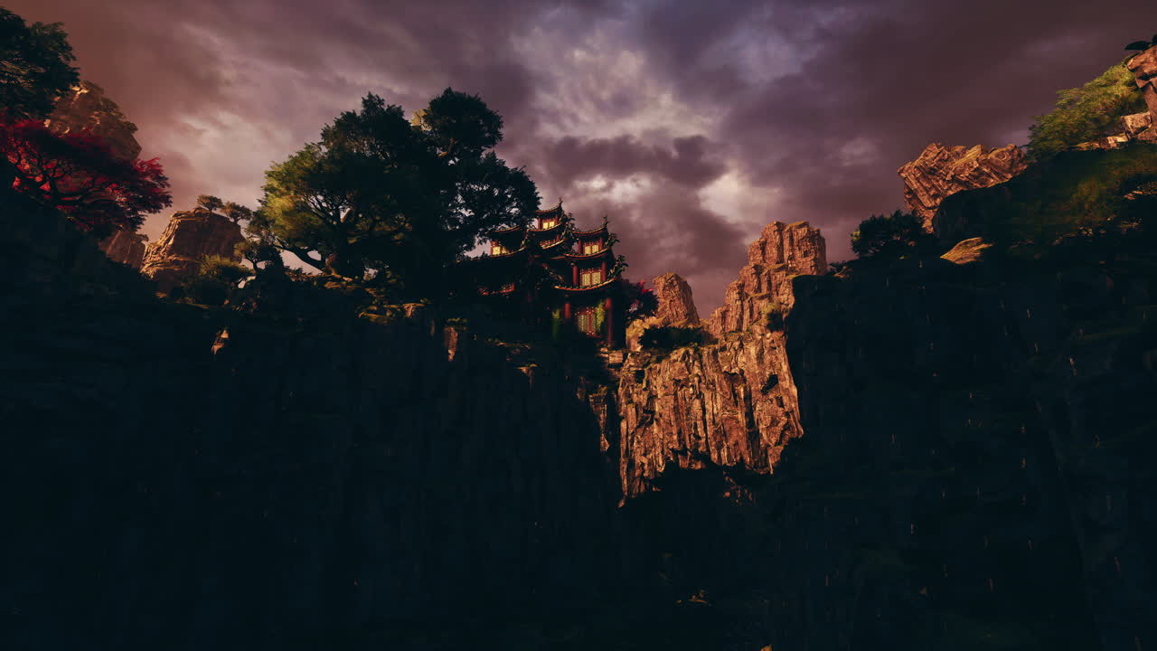 Beautiful asian temple nestled in the mountain landscape during twilight