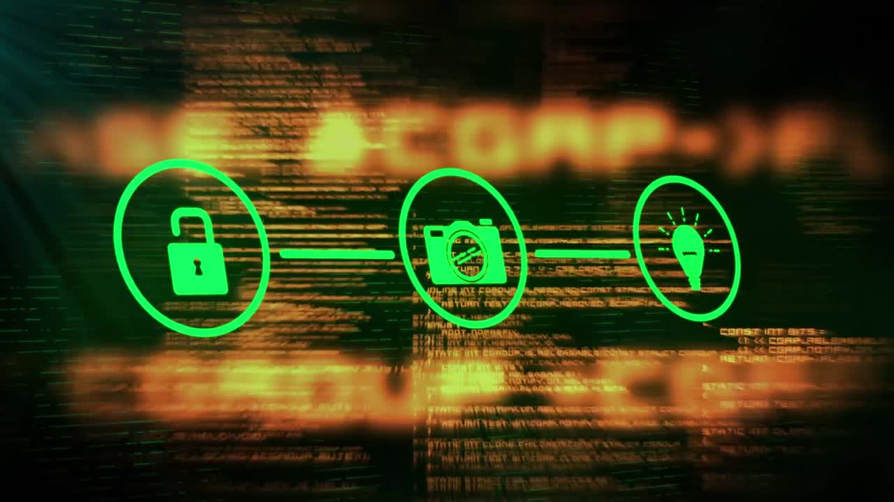 animación de iconos de medios y procesamiento de datos sobre fondo negro