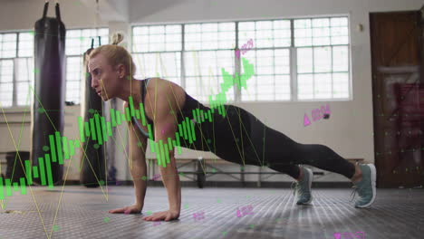 performing push-ups, woman exercising over financial data processing animation