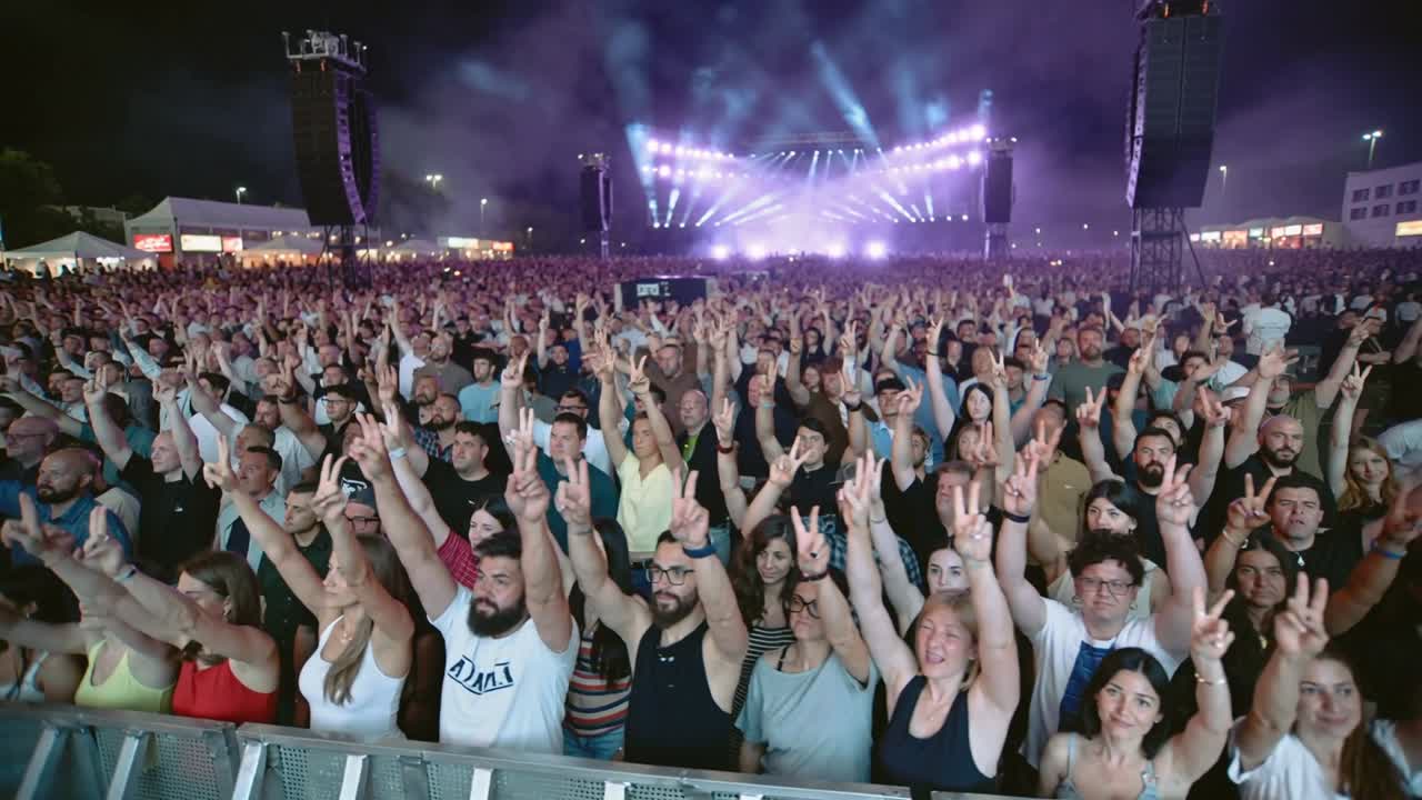 Spotlight cueing front-stage crowd raising peace signs, leaning on metal barricade, filming set