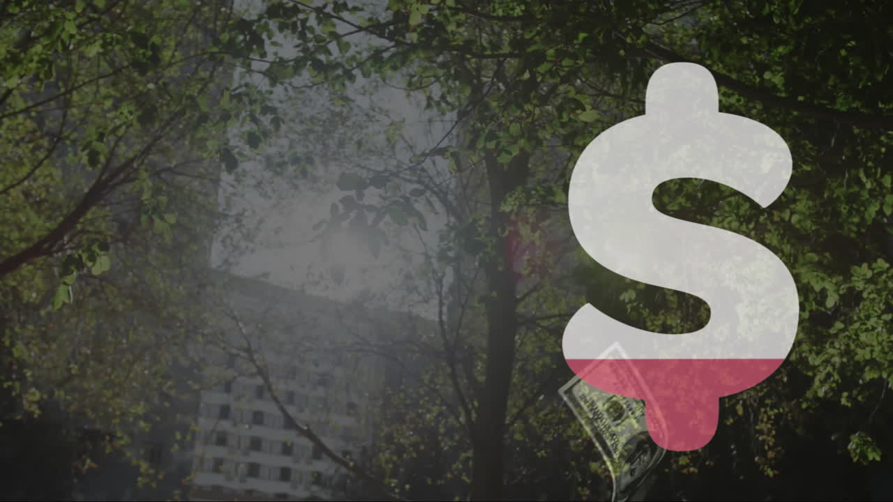 Dollar sign animation over urban landscape with trees and buildings