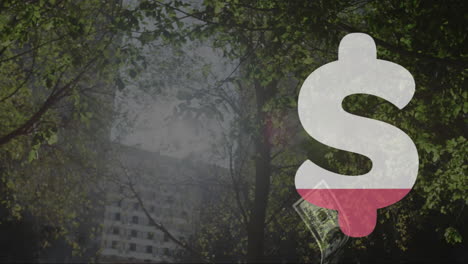 dollar sign animation over urban landscape with trees and buildings