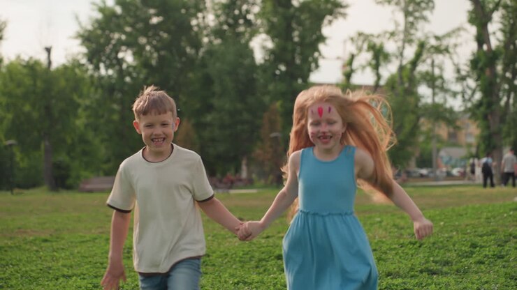 Un bambino e una bambina che saltano tenendosi per mano attraverso un parco erboso, sorridenti, energia spensierata, luce estiva, alberi sfocati sullo sfondo, fratelli giocosi o amici che corrono insieme.