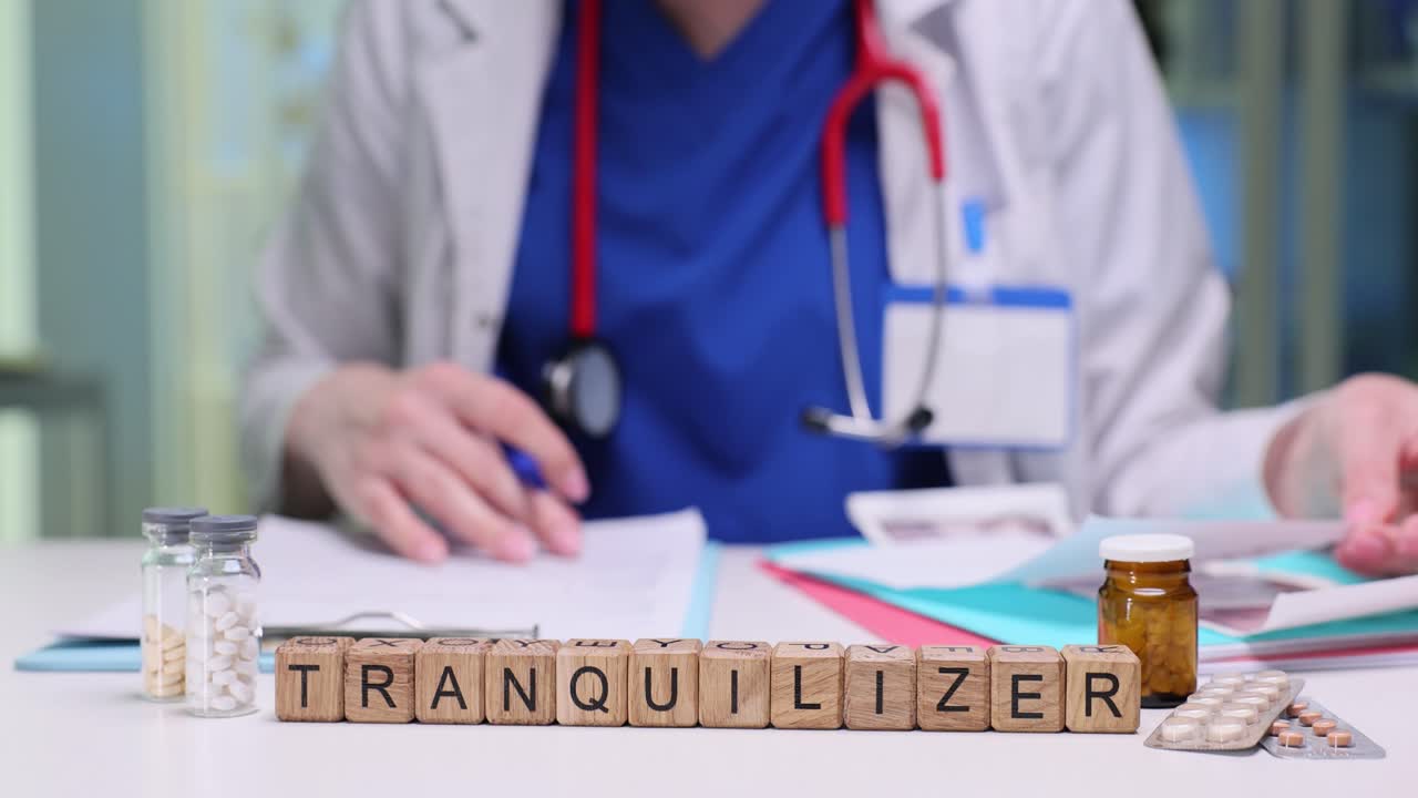 Doctor with tranquilizer medication on desk