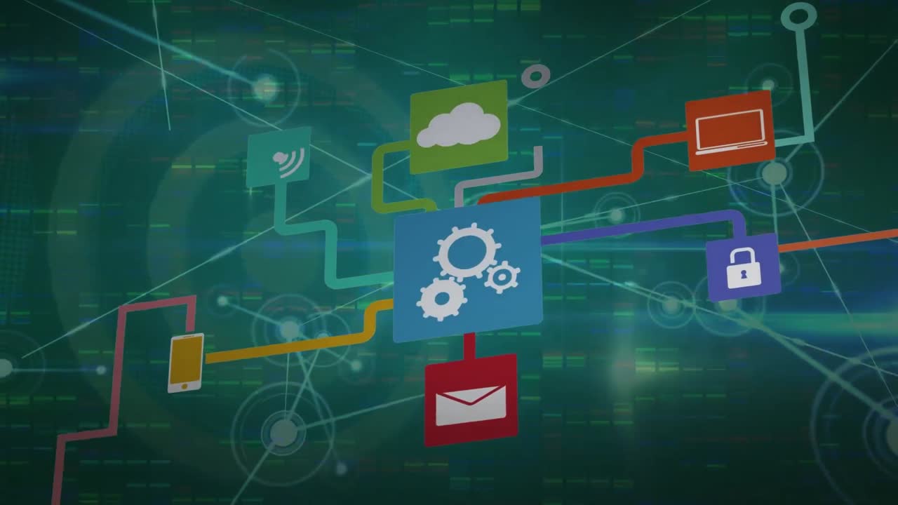 Animation of network of connections with icons and data processing over grid