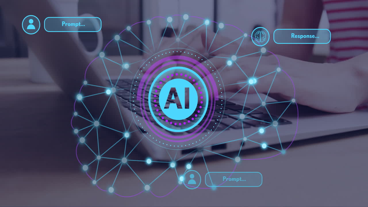 animación de un cerebro artificial y procesamiento de datos sobre una mujer caucásica escribiendo en la computadora
