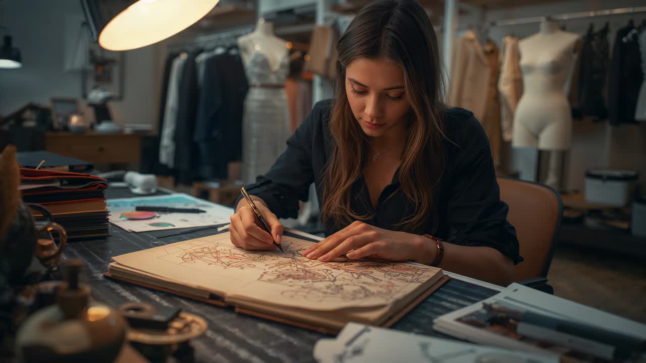 Donna che disegna con una maglietta scura mentre inizia a fare schizzi di moda al tavolo dello studio, usando un album da disegno e una lampada