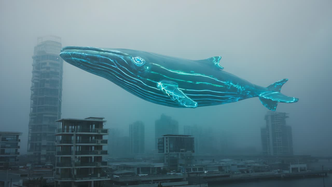 Futuristic Whale Hologram Over Foggy Cityscape