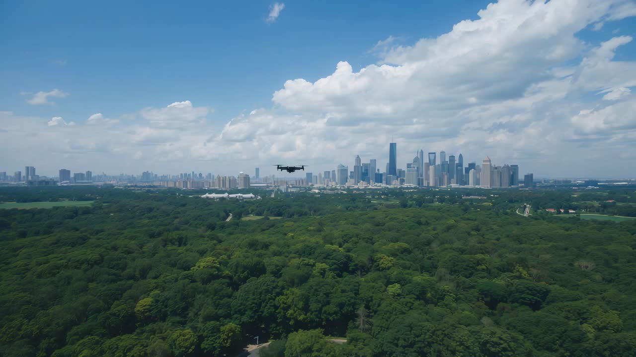 Approaching black quadcopter drone flying toward camera over park, revealing rotor arms and skyline