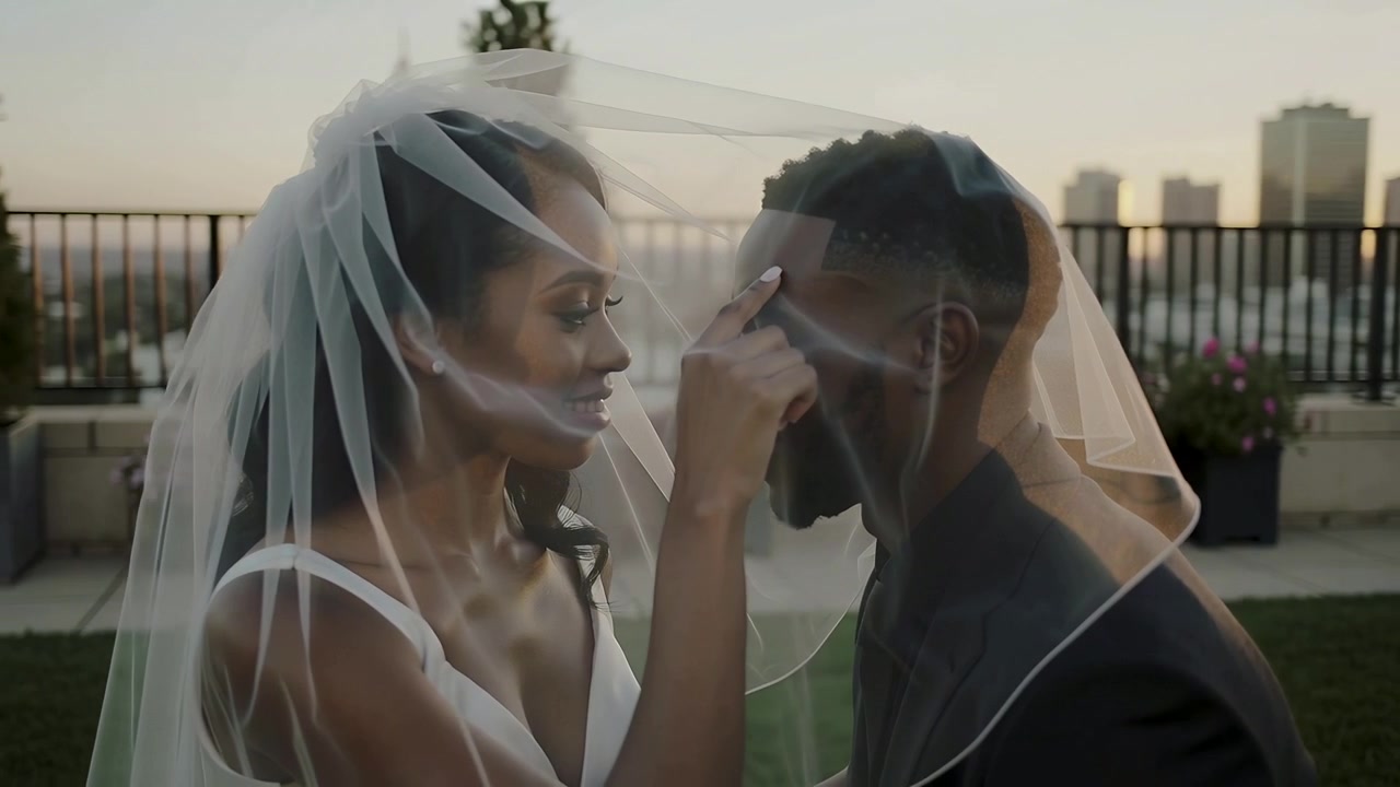Lifting veil from faces, bride in wedding dress revealing groom in suit on rooftop at sunset