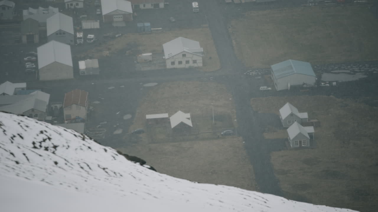 Aerial view of an Icelandic village in winter