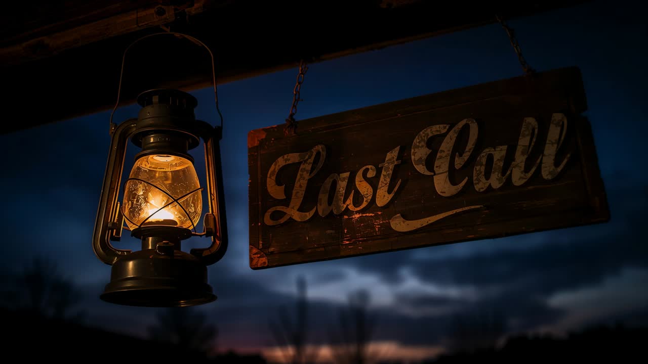 Pulling back camera revealing metal oil lantern glowing and swaying on porch to show Last Call