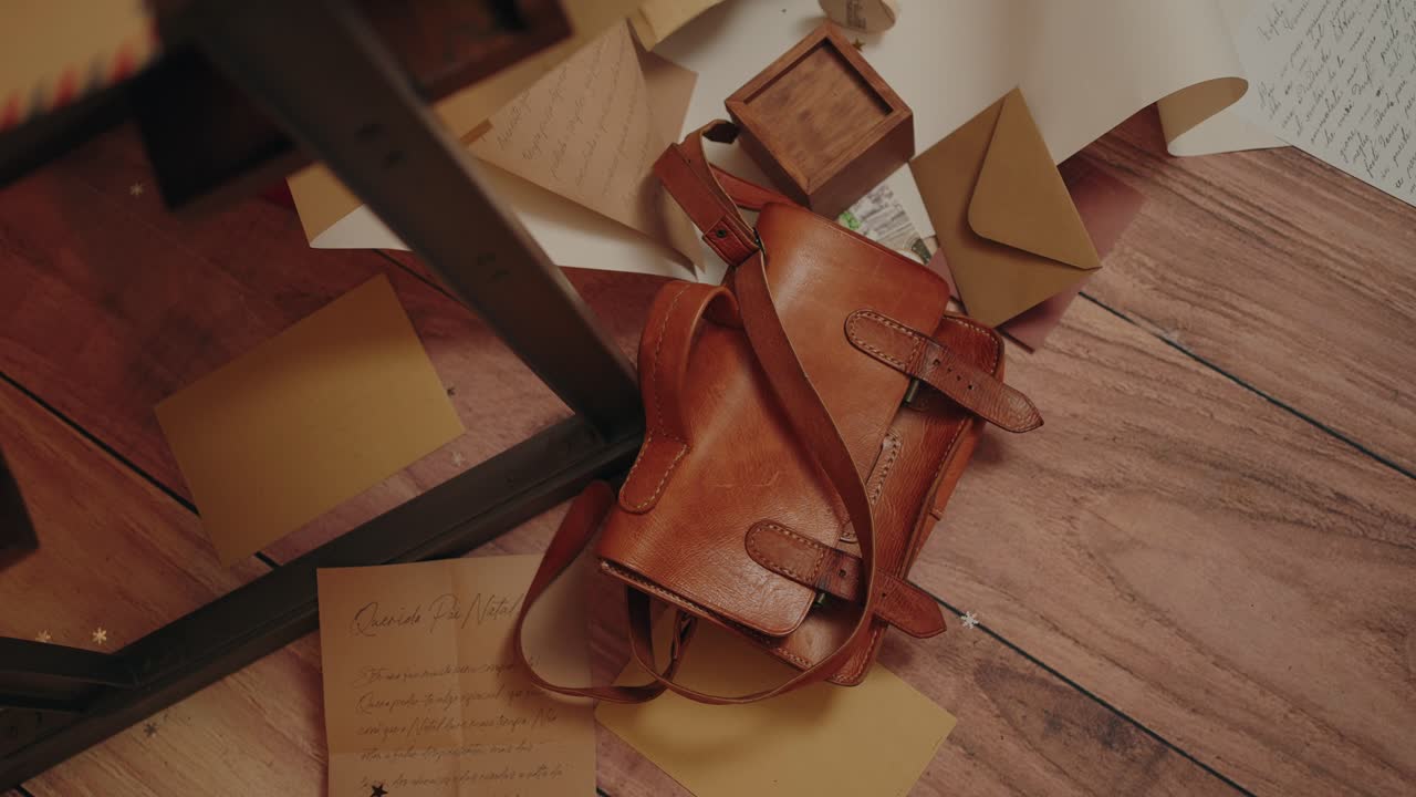 Leather bag with letters and envelopes on rustic floor, holiday scene