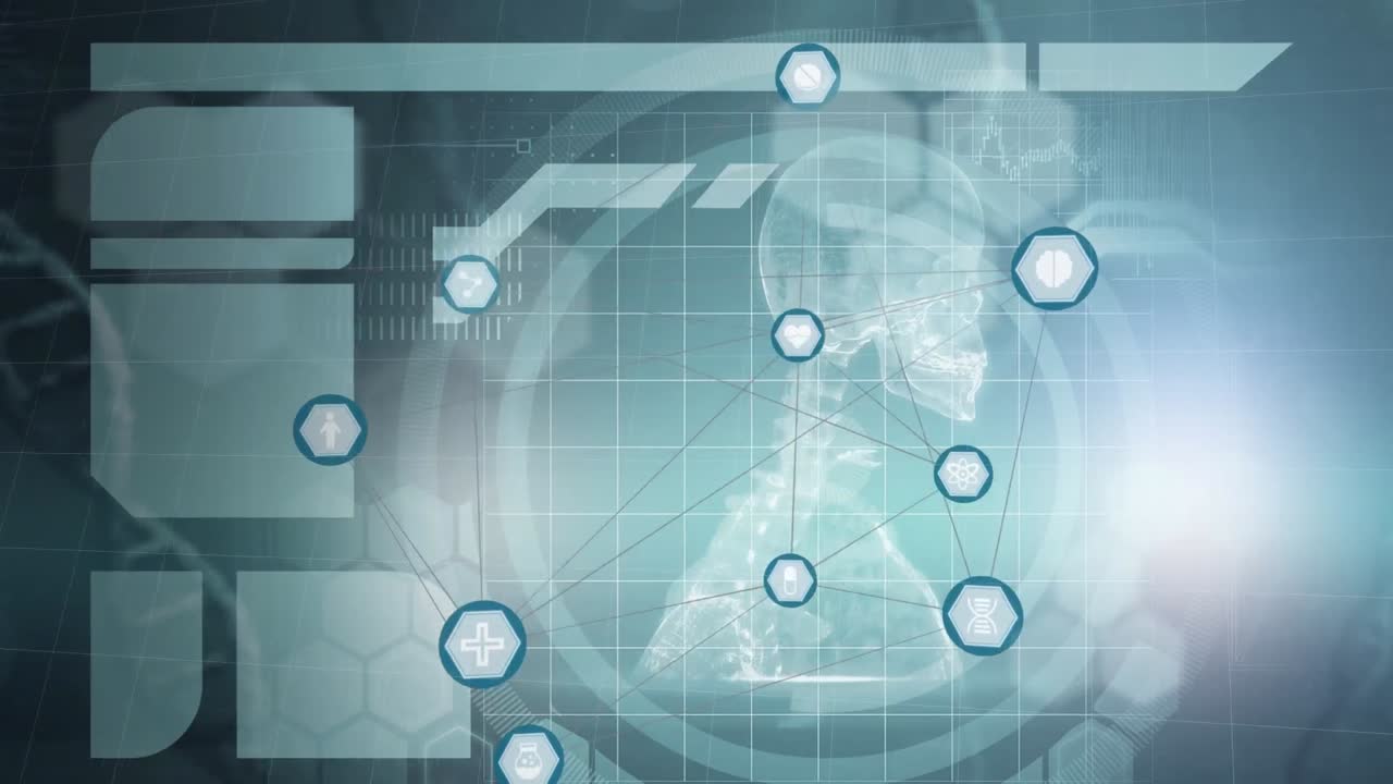 블루 배경의 의료 데이터 처리에 대항하는 디지털 아이콘 네트워크의 디지털 애니메이션