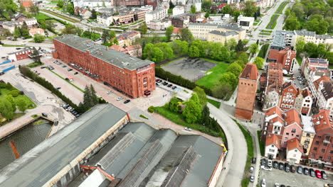 sprawling view of elbląg, showcasing its urban blend of historical and modern architecture, verdant parks amidst the city layout, and the serpentine river elbląg carving through