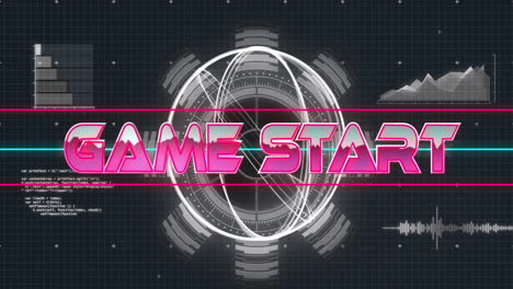 animation of game start text over data processing on black background