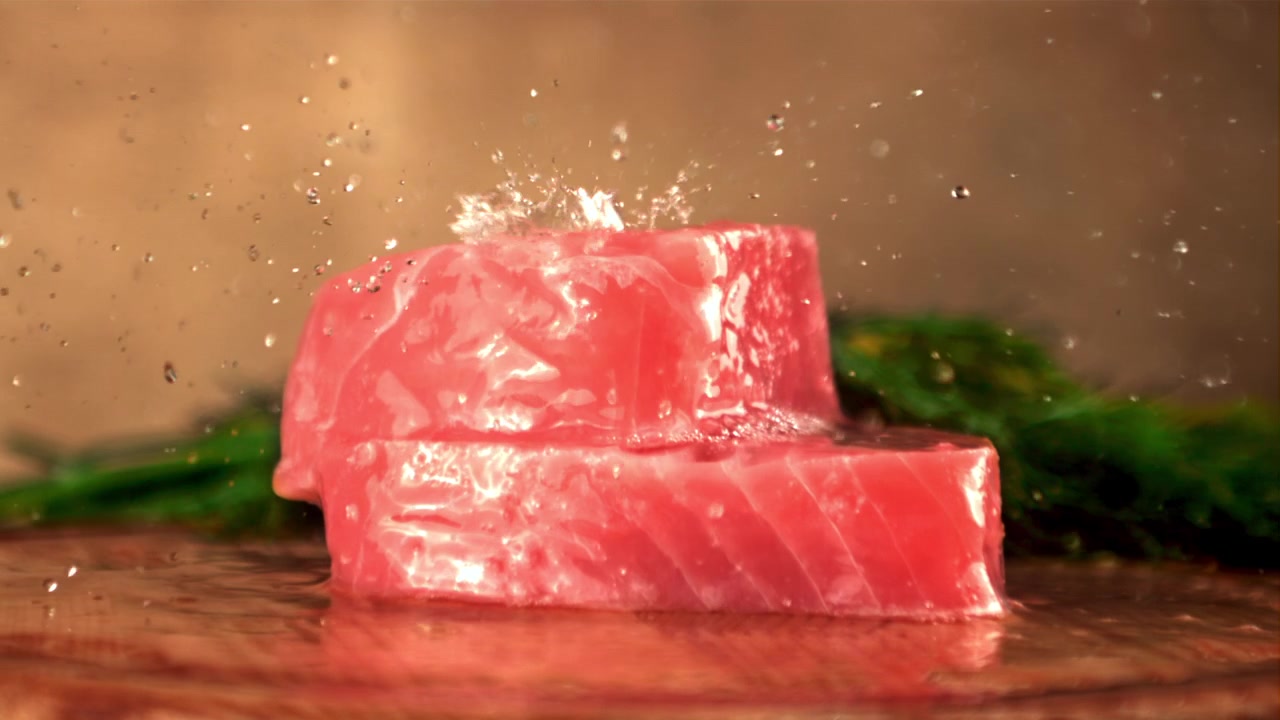 Acqua che schizza al rallentatore su filetti di tonno fresco crudo
